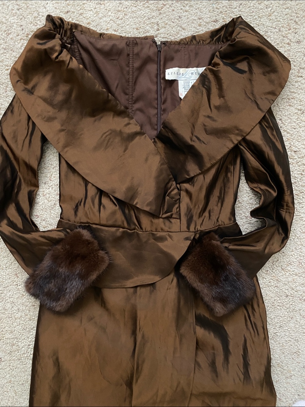 1980’s Lillie Rubin Formal Gown with Faux Fur Cuffs. Size 6.